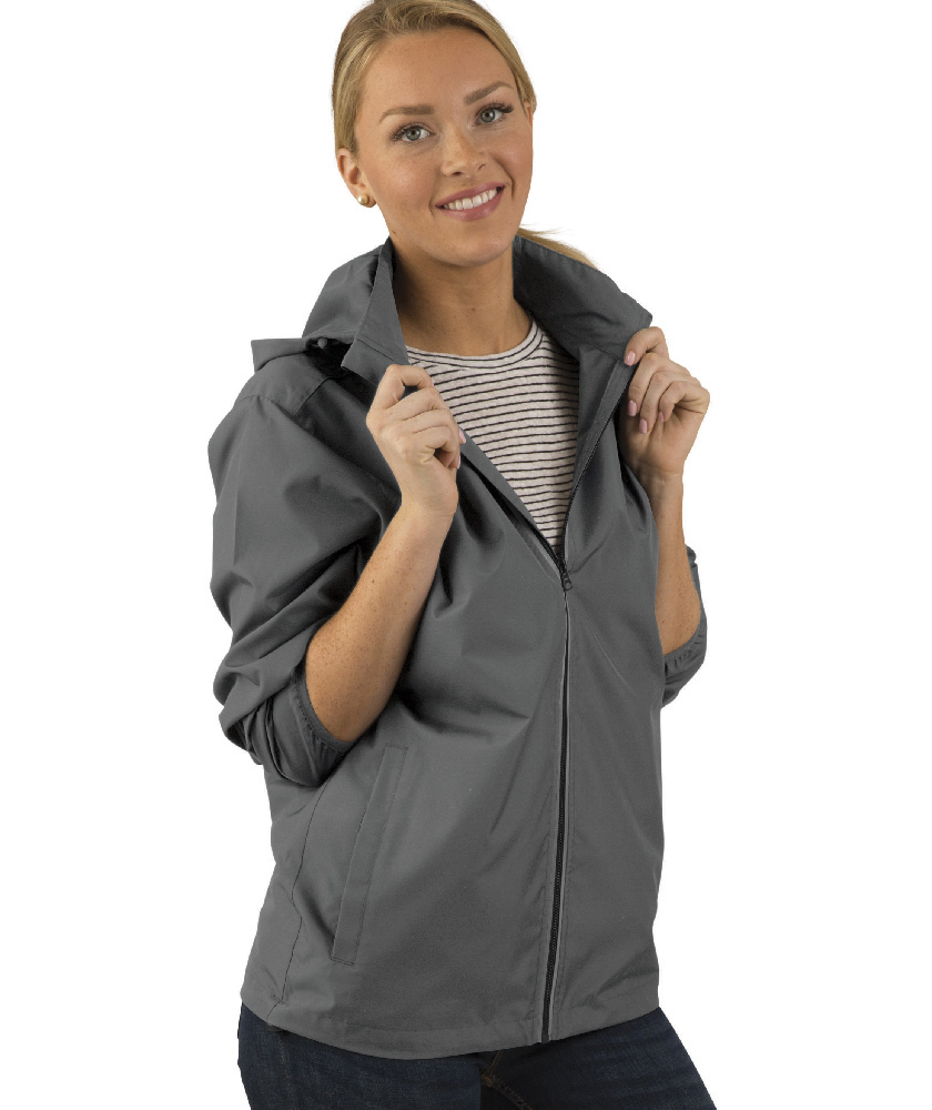 Charles River Apparel Grey Pack-N-Go Full Zip Reflective Jacket – female model