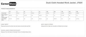 Duck Cloth Hooded Work Jacket J763H Size Chart