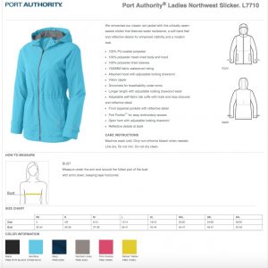 Ladies Port Authority Northwest Slicker Rain Jacket J7710 Spec Sheet