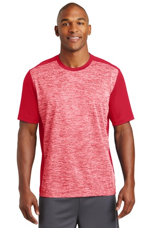 Sport-Tek PosiCharge Electric Heather Colorblock Tee – Front – Deep Red Electric/Deep Red