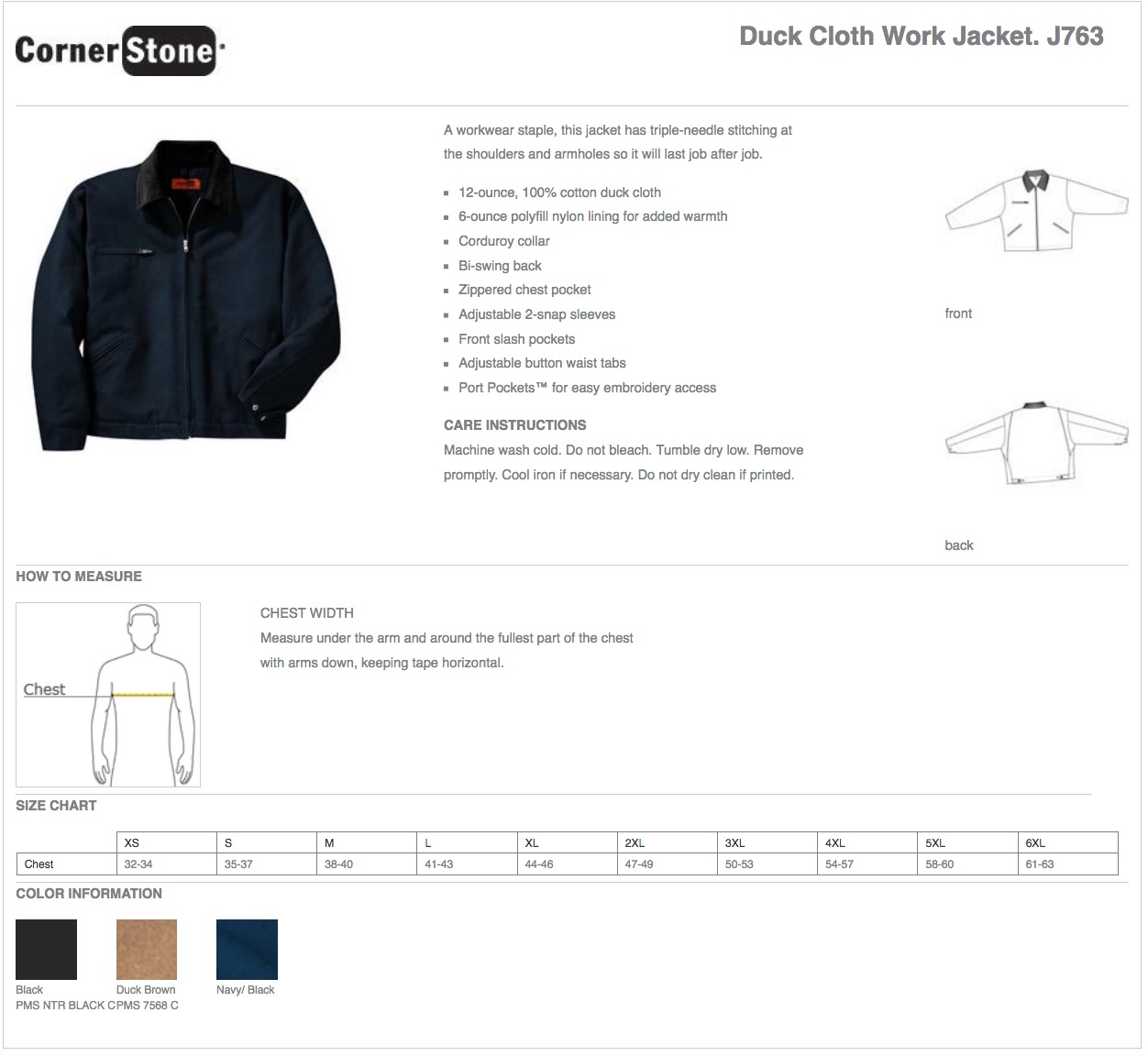 Size Chart for the CornerStone Duck Cloth Work Jacket J763