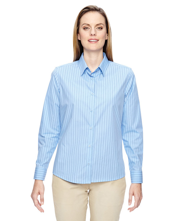 Ash City - North End Ladies' Align Wrinkle-Resistant Cotton Blend Dobby Vertical Striped Shirt Light Blue