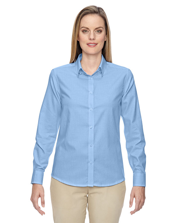 Ash City - North End Ladies' Paramount Wrinkle-Resistant Cotton Blend Twill Checkered Shirt Light Blue