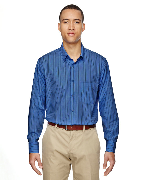 Ash City - North End Men's Align Wrinkle-Resistant Cotton Blend Dobby Vertical Striped Shirt Deep Blue