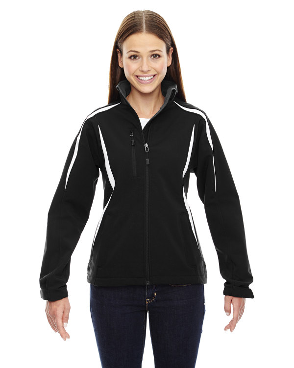 Ash City - North End Sport Red Ladies' Enzo Colorblocked Three-Layer Fleece Bonded Soft Shell Jacket Black