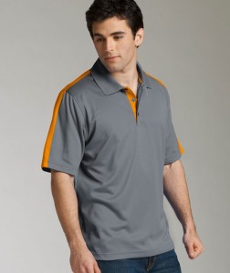 Charles River Apparel 3214 Mens Color Blocked Smooth Knit Wicking Polo Shirt Grey Orange Model