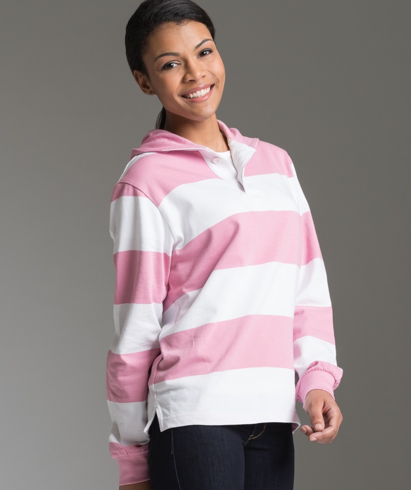 Charles River Apparel Style 9574 Hooded Rugby Pullover Pink/White Model