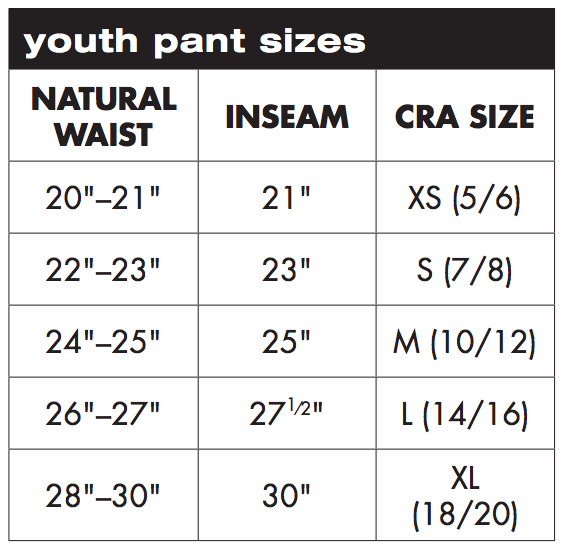 Charles River Apparel Youth Pants Sizing Chart