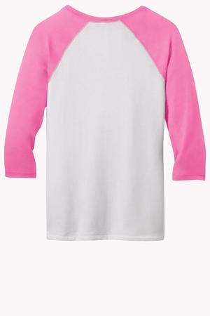 District – Juniors 50/50 3/4-Sleeve Raglan Tee Style DT228 Pink White Flat Back