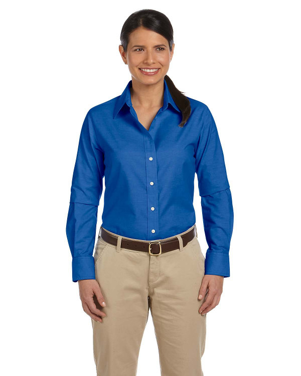 harriton-ladies-long-sleeve-oxford-with-stain-release-french-blue