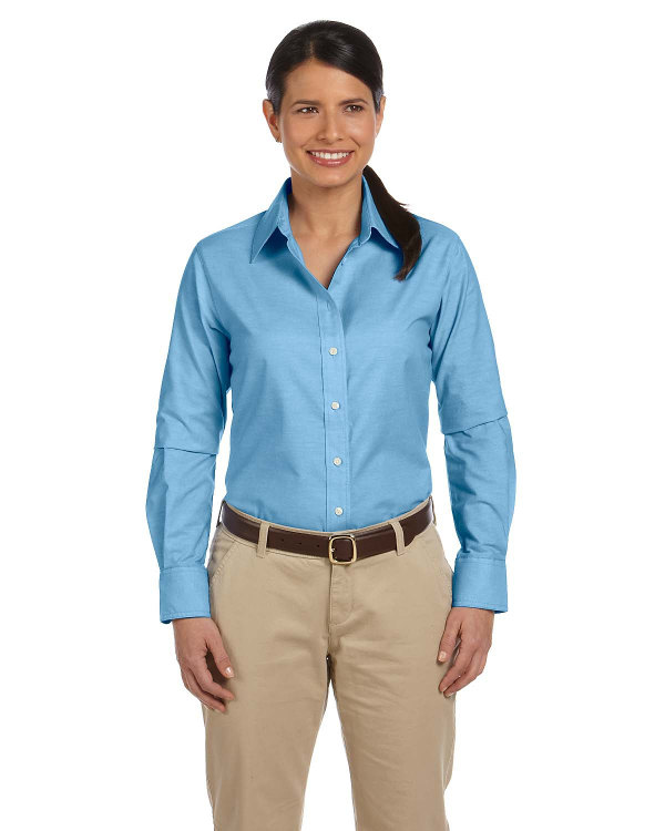 harriton-ladies-long-sleeve-oxford-with-stain-release-light-blue