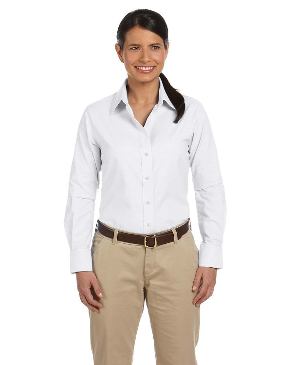 harriton-ladies-long-sleeve-oxford-with-stain-release-white