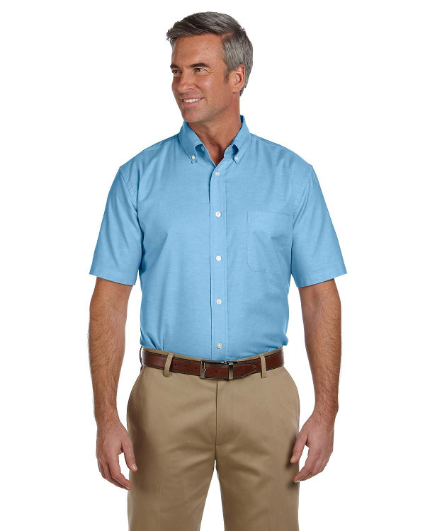 Harriton Men's Short-Sleeve Oxford with Stain-Release Cool Blue