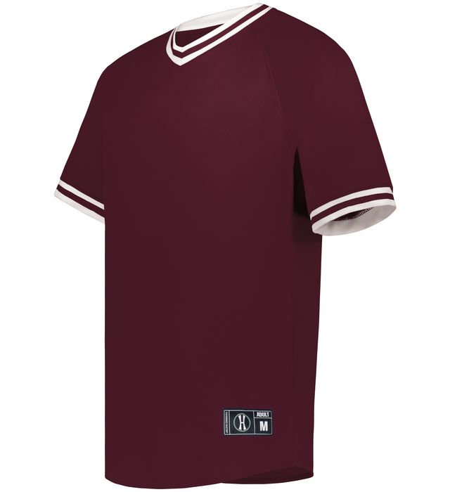 Holloway Retro V-Neck Dry-Excel Baseball Jersey with Striped Sleeves 221021 Maroon/White