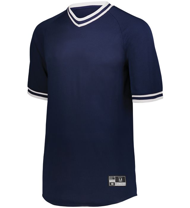 Holloway Retro V-Neck Dry-Excel Baseball Jersey with Striped Sleeves 221021 Navy/White