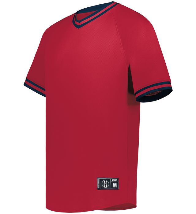 Holloway Retro V-Neck Dry-Excel Baseball Jersey with Striped Sleeves 221021 Scarlet/Navy