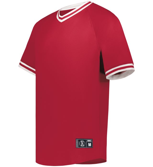 Holloway Retro V-Neck Dry-Excel Baseball Jersey with Striped Sleeves 221021 Scarlet/White