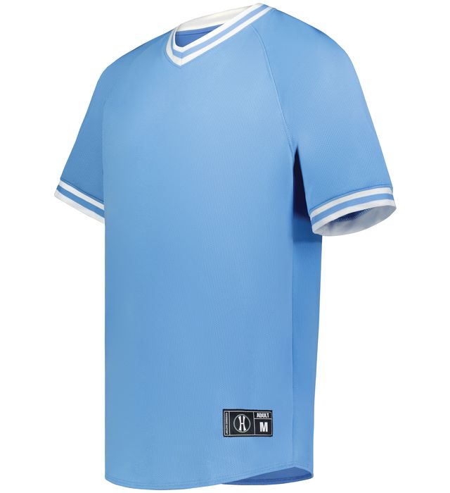 Holloway Retro V-Neck Dry-Excel Baseball Jersey with Striped Sleeves 221021 University Blue/White