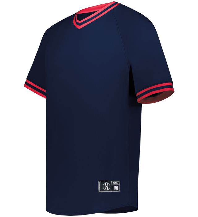 Holloway Youth Retro V-Neck Baseball Jersey with Dry-Excel Wicking 221221 Navy/Scarlet