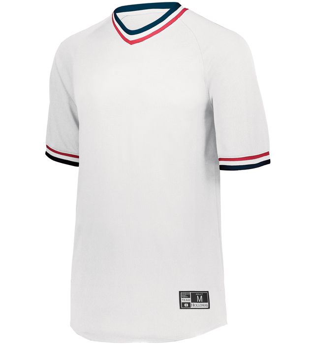 Holloway Youth Retro V-Neck Baseball Jersey with Dry-Excel Wicking 221221 White/Navy/Scarlet