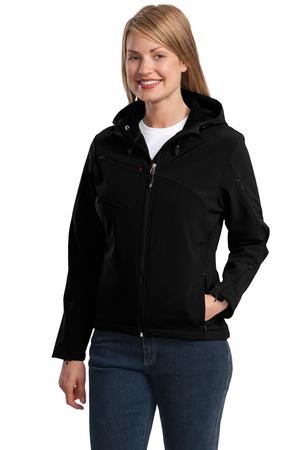 Port Authority L706 Ladies Hooded Soft Shell Jacket Black/Engine Red Angle