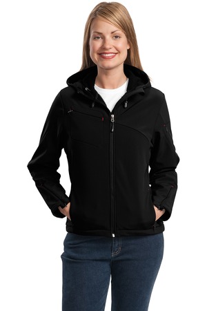 Port Authority L706 Ladies Hooded Soft Shell Jacket Black/Engine Red