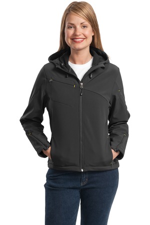 Port Authority L706 Ladies Hooded Soft Shell Jacket Charcoal/Lemon Yellow