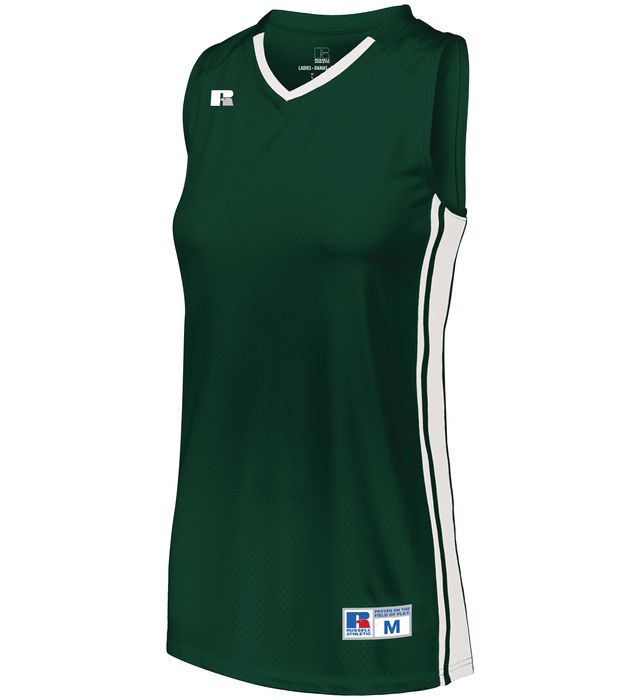 russell-ladies-legacy-basketball-jersey-v-neck-collar-dark green-white