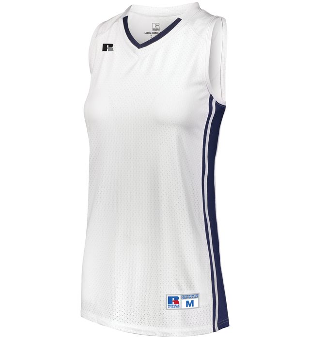 Russell Ladies Legacy Basketball Jersey V-Neck Collar Polyester 4B1VTX White/Navy
