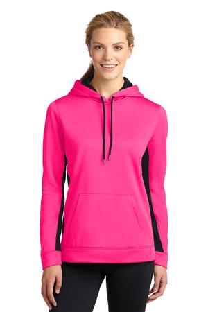 Sport-Tek LST235 Ladies Sport-Wick Fleece Colorblock Hooded Pullover Neon Pink/Black