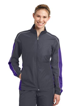 Sport-Tek LST61 Ladies Piped Colorblock Wind Jacket Graphite Grey/Purple/White