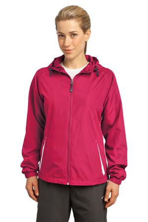Sport-Tek LST76 Ladies Colorblock Hooded Raglan Jacket Pink Raspberry/White