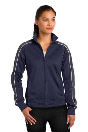 Sport-Tek LST92 Ladies Piped Tricot Track Jacket Navy/Iron Grey/White