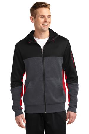 Sport-Tek ST245 Tech Fleece Colorblock Full-Zip Hooded Jacket Black/Graphite Heather/True Red