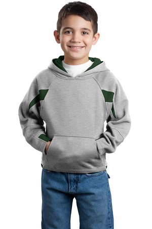 Sport-Tek Y266 Youth Color-Spliced Pullover Hooded Sweatshirt Athletic Heather/Forest Green