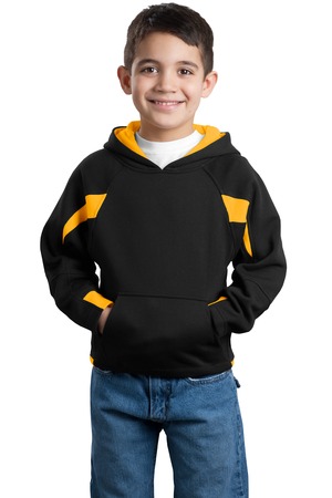 Sport-Tek Y266 Youth Color-Spliced Pullover Hooded Sweatshirt Black/Athletic Gold