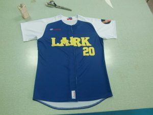 Sublimation Baseball Uniforms Team Lark Blue Yellow and White